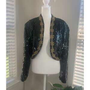 Vintage MODI Allover Sequin 100% Silk Jacket Sz Large 10 12 Emerald Green & Gold